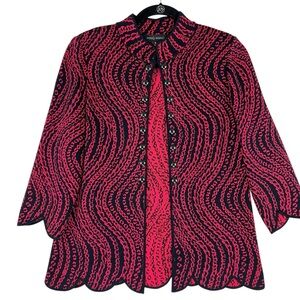 Ming Wang Red Black Knit Blazer Jacket Sz S Scalloped Geometric